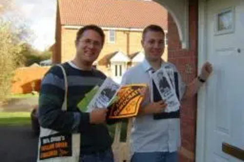 Markfield Liberal Democrat candidate Robin Webber-Jones and Michael Mullaney canvassing