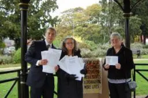 Michael Mullaney, and Denise Wood and Janet Rowe from  the Pensioners Action Group with the petitions.