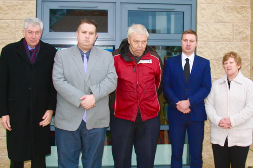 Barwell campaigners Michael Gould, Mathew Hulbert, Terry Kirby, Michael Mullaney and Charlotte Green outside Barwell library