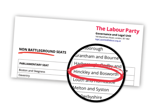 A document from Labour Party HQ showing 'non battleground seats'. Hinckley and Bosworth is on the list.