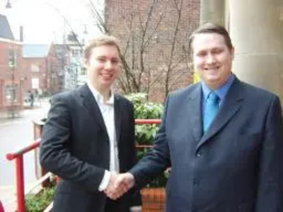 Former leading Green Party member Mathew Hulbert is welcomed to the Lib Dems by local parliamentary candidate Michael Mullaney