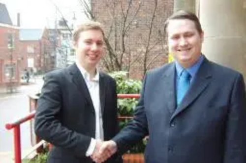 Former leading Green Party member Mathew Hulbert is welcomed to the Lib Dems by local parliamentary candidate Michael Mullaney