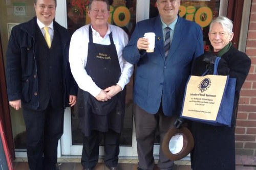 Tony from Coffee Rio in Hinckley, with Cllrs Michael Mullaney Mathw Hulbert and Jeff Bannister mark small business Saturday