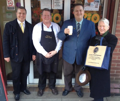 Tony from Coffee Rio in Hinckley, with Cllrs Michael Mullaney Mathw Hulbert and Jeff Bannister mark small business Saturday