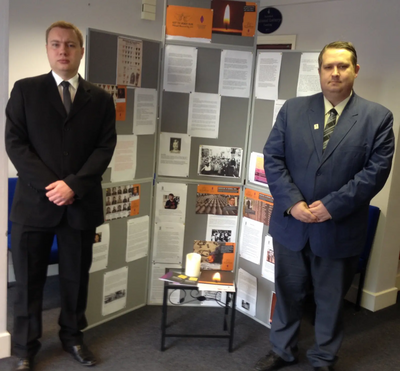 Cllrs Michael Mullaney and Mathew Hulbert at the Holocaust Display at Next Generation in Hinckley