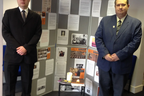 Cllrs Michael Mullaney and Mathew Hulbert at the Holocaust Display at Next Generation in Hinckley