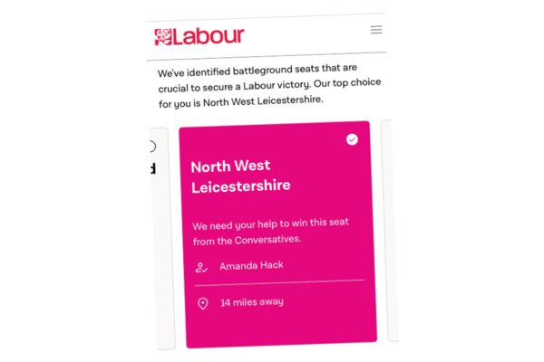 Screenshot of the Labour Party website instructing people to campaign in North West Leicestershire.