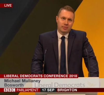 Michael Mullaney speaking against plans to abolish Hinckley and Bosworth at the national lib Dem conference