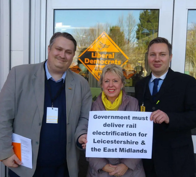 Cllr Michael Mullaney and Mathew Hulbert with Baroness Lorely Burt who backs the campaign for the electrifcation of the Midland Mainline