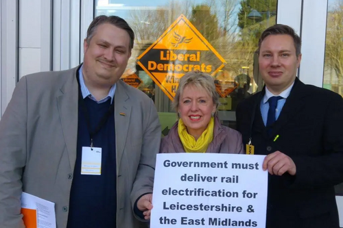 Cllr Michael Mullaney and Mathew Hulbert with Baroness Lorely Burt who backs the campaign for the electrifcation of the Midland Mainline