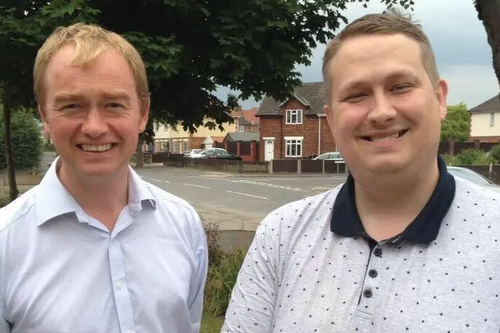 Local campaigner Mathew Hulbert with Tim Farron