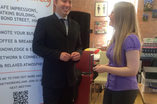 Michael Mullaney talking to local apprentice Chantelle Michel at a recent business event in Hinckley