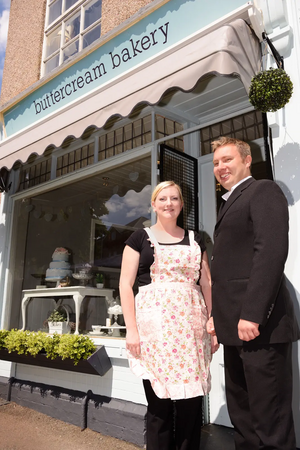 Councillor Michael Mullaney with one of Hinckley's newest shop owners Cathy Phayres of Buttercream Bakery