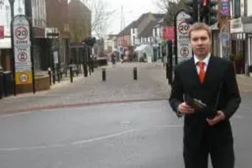 Michael Mullaney with the survey on Castle Street, Hinckley