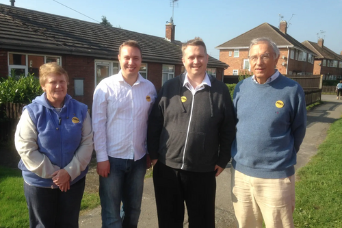 Local campaigners Charlotte Green, Michael Mullaney and Mathew Hulbert in Desford with local MEP Bill Newton Dunn