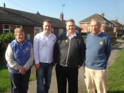 Local campaigners Charlotte Green, Michael Mullaney and Mathew Hulbert in Desford with local MEP Bill Newton Dunn