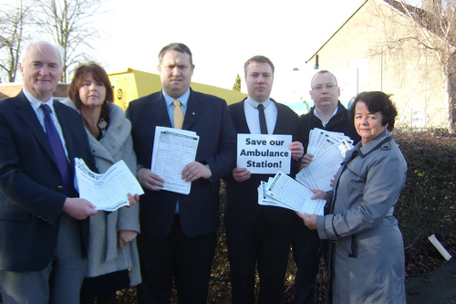 Local Lib Dem campaigners with petitions collected to save Hinckley's Ambulance Station