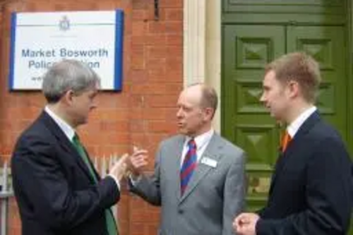 Chris Huhne MP, Cllr Bill Crooks and Michael Mullaney discuss the campaign to re-open Market Bosworth Police Station