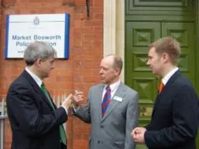 Chris Huhne MP, Cllr Bill Crooks and Michael Mullaney discuss the campaign to re-open Market Bosworth Police Station