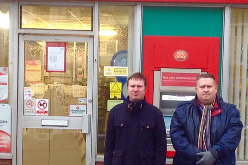 Cllr Michael Mullaney and Mathew Hulbert outside the Barwell Post Office