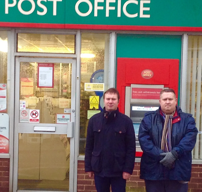 Cllr Michael Mullaney and Mathew Hulbert outside the Barwell Post Office